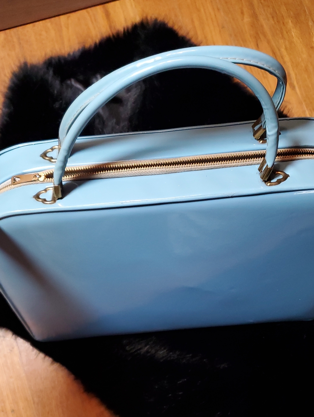 Sky Blue Patent Travel Bag with Gold Hardware